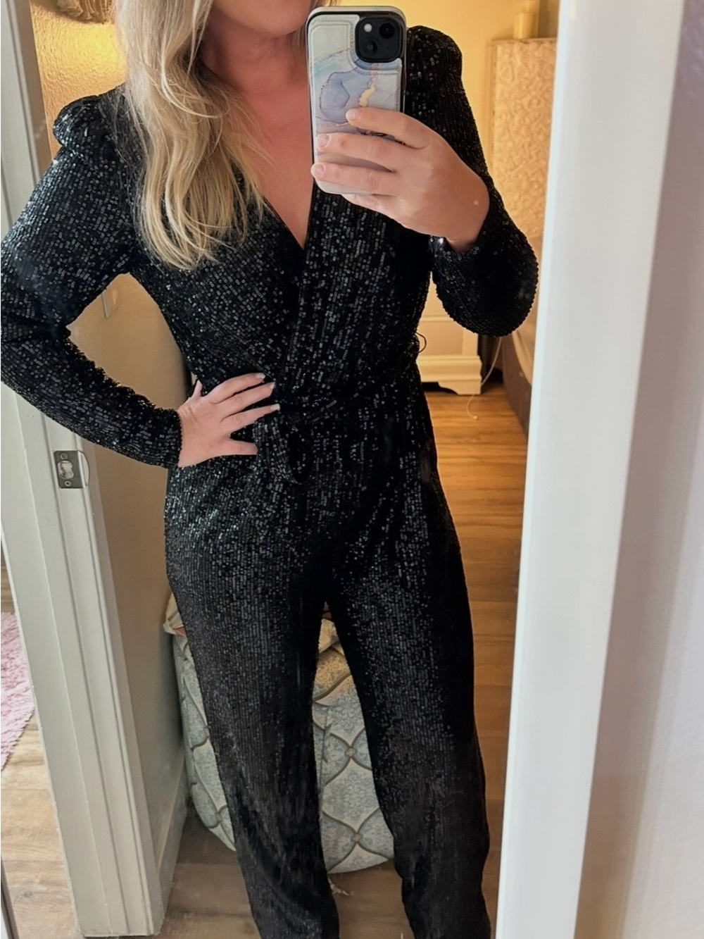 BCBG Paris Black Sequin Wrap Jumpsuit